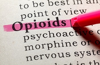 Photo d’une page d’un dictionnaire montrant la définition du mot anglais « opioids », qui est surligné en rose au crayon-feutre.