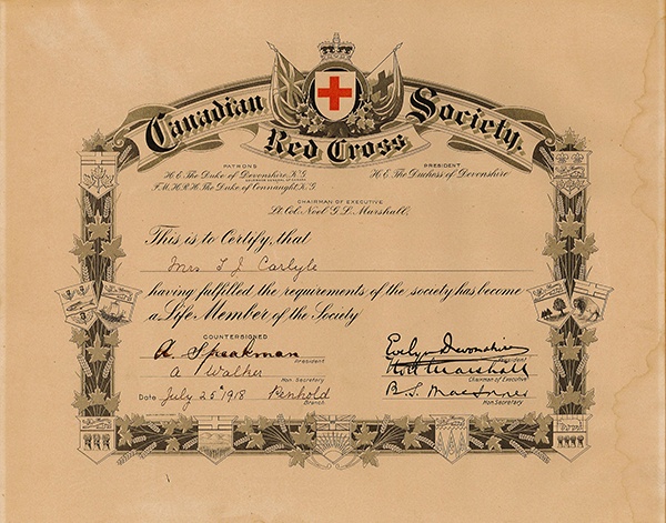 Vie Croix-Rouge canadienne Certificat d'adhésion 1918