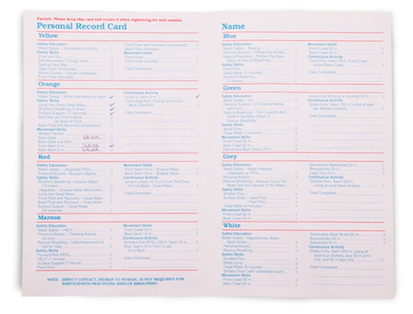 Water Safety Programme Personal Record Card-FR 