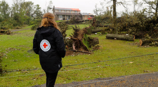 A Canadian Red Cross employee wearing a branded CRC jacket surveys the damage of a Tornado to a home.