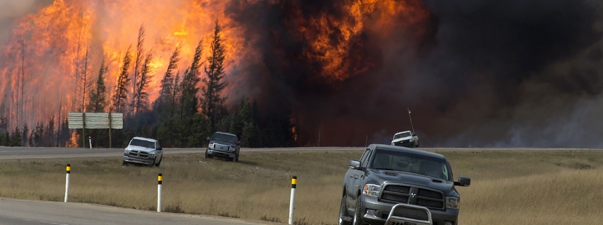 Un grand feu de forêt avec des camions garés le long de l'autoroute