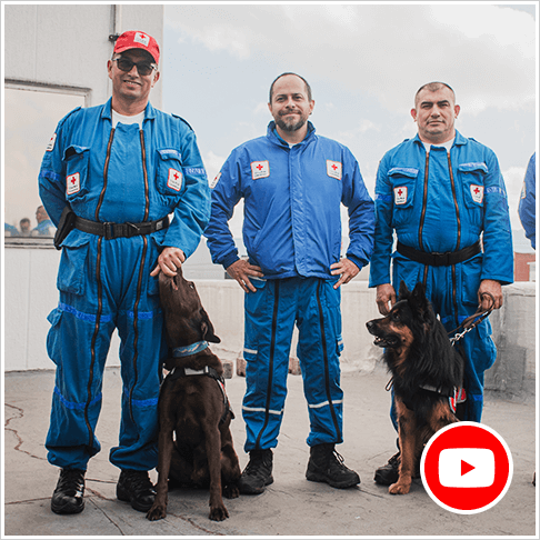 Des Membres de la Croix-Rouge colombienne et deux chiens sont déployés en Türkiye après le séisme.