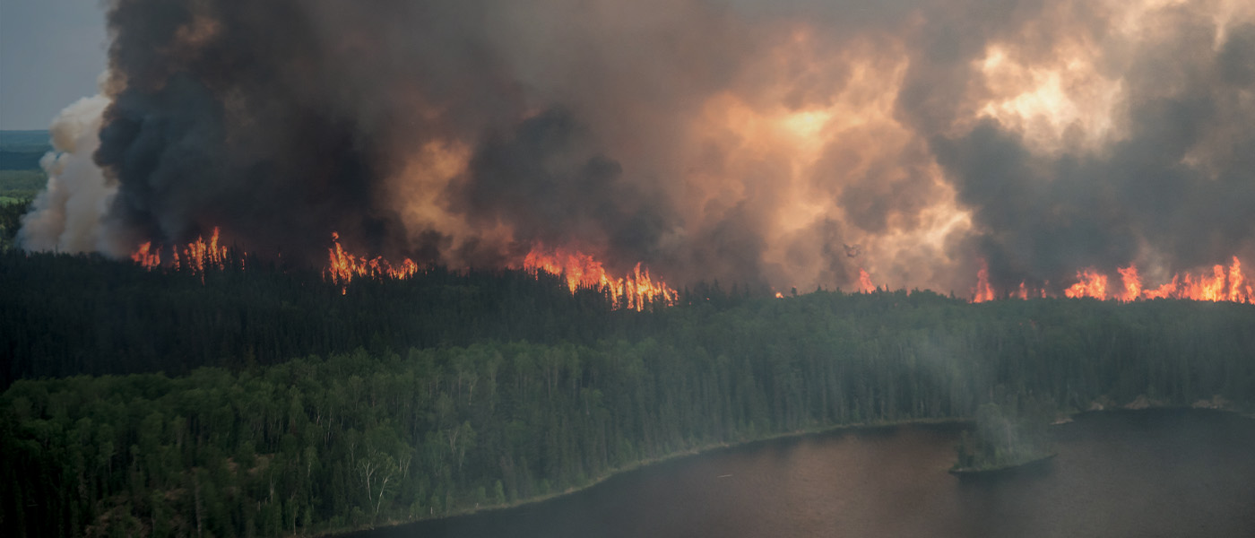Une vue aérienne d'un feu de forêt près d'un lac.
