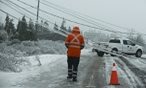  Tempête de neige avec les lignes électriques sur une route.