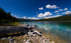 Une photo de paysage d'un lac et de grands arbres dans l'ouest du Canada.