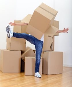 Un homme tribuche dans une pile de boites de déménagement.