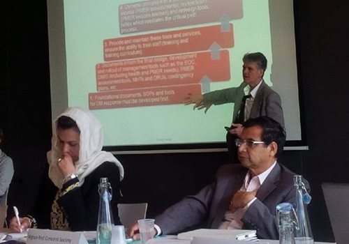Présentation du programme de renforcement des capacités de gestion des catastrophes lors de la table ronde réunissant le Croissant-Rouge afghan, le CICR et la Fédération internationale à Genève.
